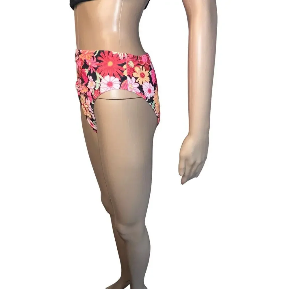 Wild fable women S floral ribbed print high waist‎ leg cheeky bikini bottom NEW